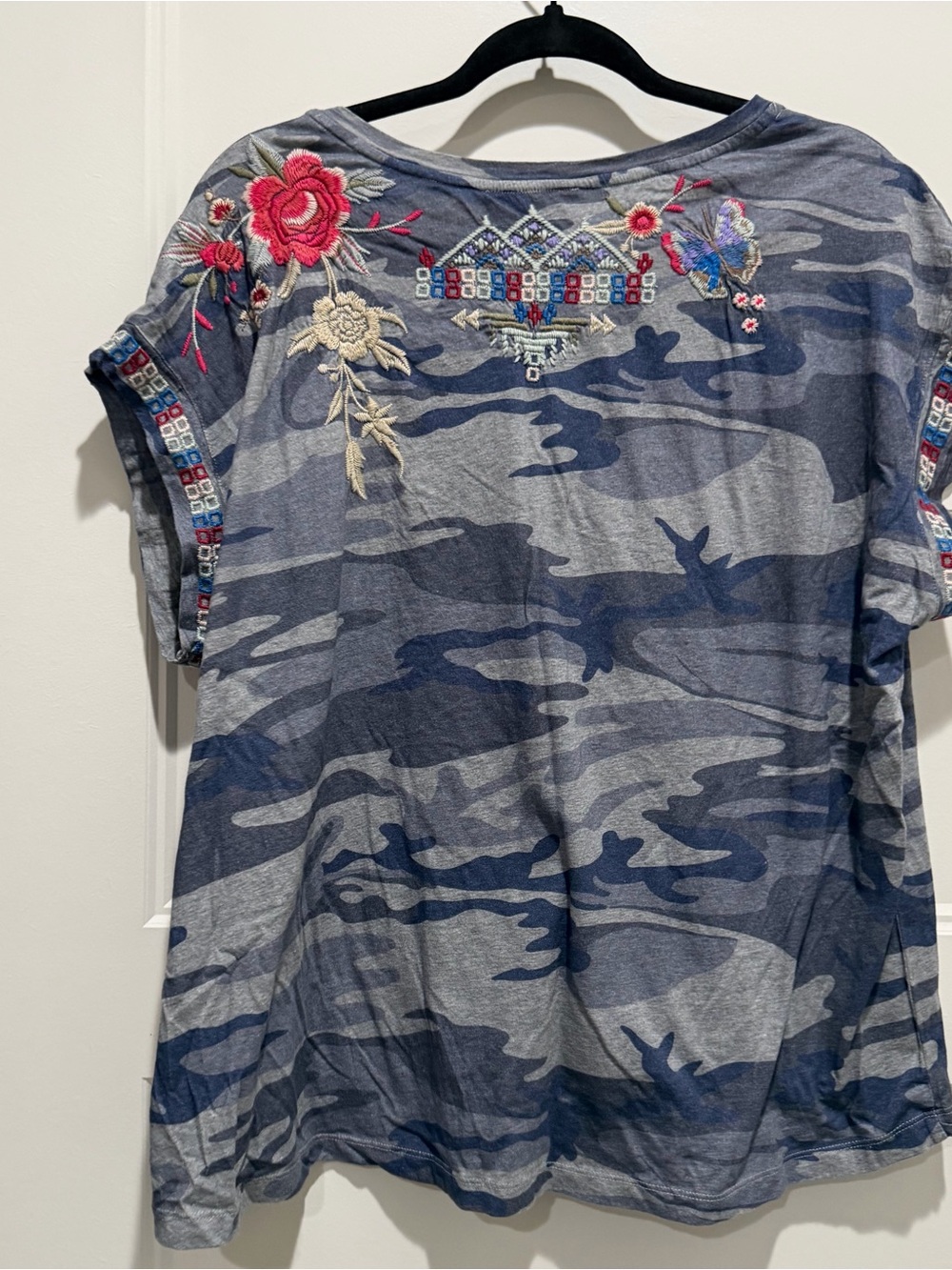 Johnny Was Blue Camo Tee with Multicolor Floral Embroidery - Picture 4 of 6